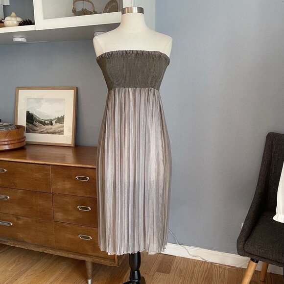 Babette SF Crinkled Pleated Smocked Sheer Midi Dress Strapless Size M Lagenlook - Picture 1 of 7